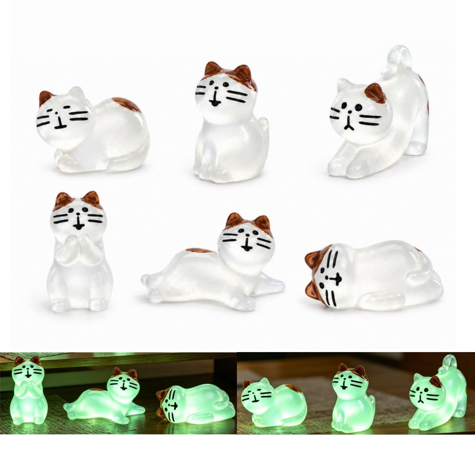 QLHNGUZ Mini Resin Animals Figures Glow in the Dark Kittens, 6 Pcs Cat Figurines Small Toys for Fairy Garden, Dollhouse, Home Ornaments, Car Dash Decor, DIY Crafts, Cake Topper, Party Favors