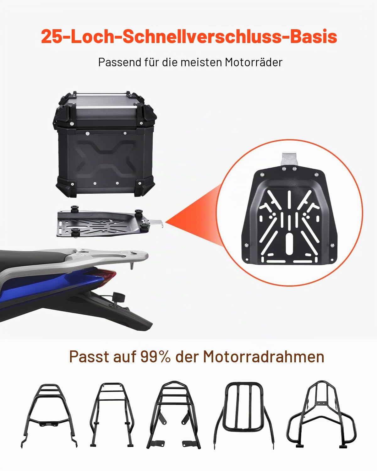 VEVOR Motorrad-Topcase 45 L Aluminiumlegierung Heckbox mit Schloss Rückenpolster Helmkoffer Schwarz