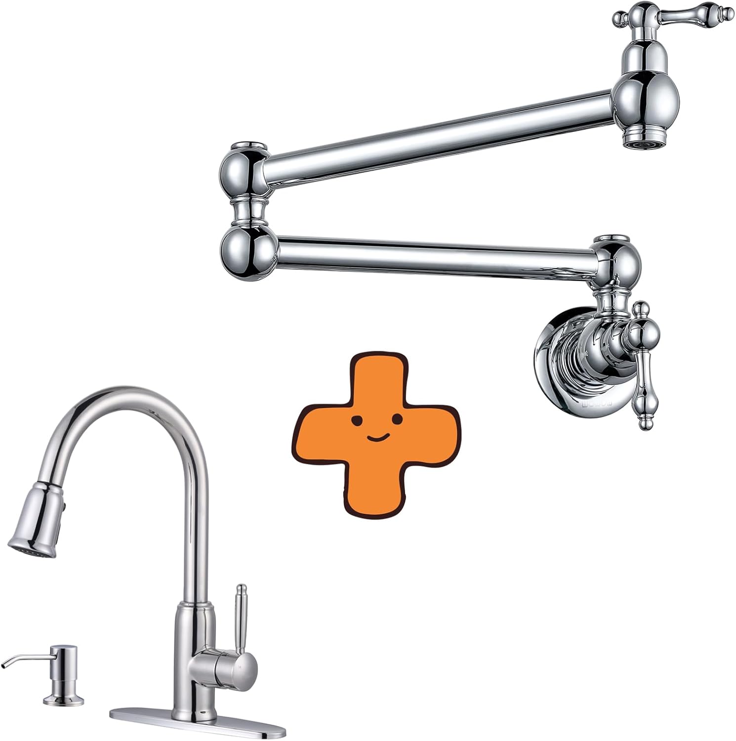 WOWOW Stainless Steel Kitchen Faucet with Soap Dispenser and Pot Filler Faucet Commercial Folding Faucet Over Stove