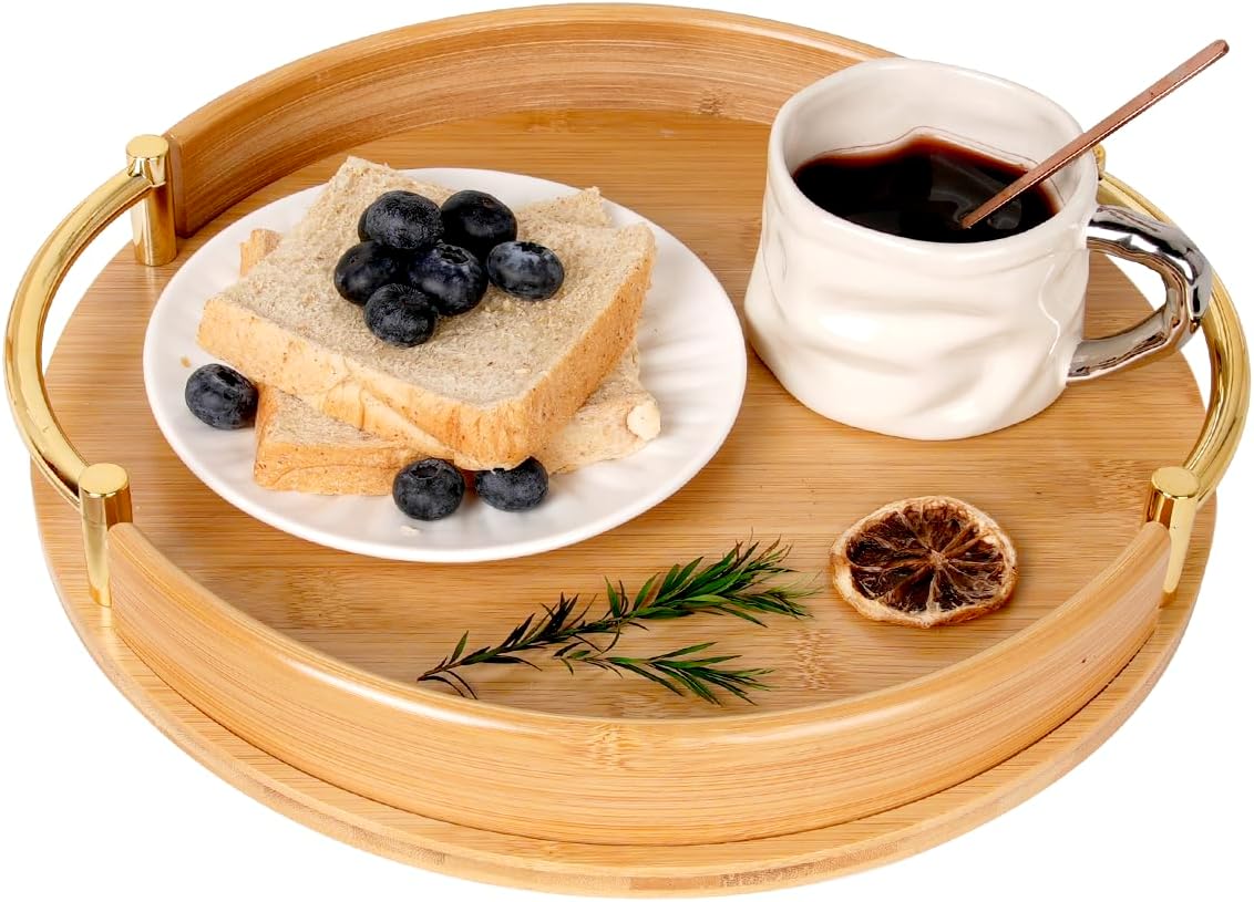 12″ Bamboo Serving Tray with Gold Handles, Round Decorative Tray Coffee Table for Breakfast, Food, Drinks, Kitchen, Living Room