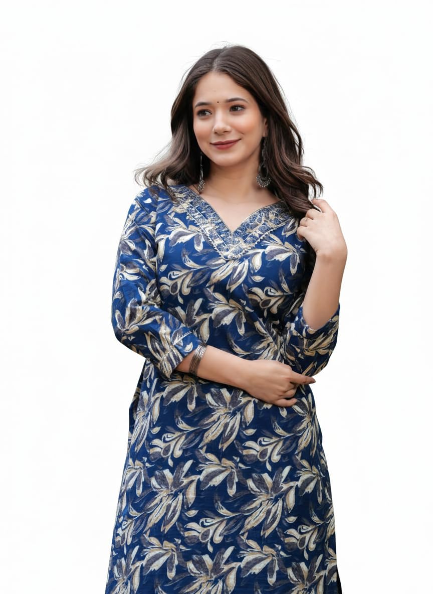 charvis choice Women's Cotton Kurta, Navy Blue Floral Print, V-Neck, 3/4 Sleeve, 3XL, Regular Fit-picture-23