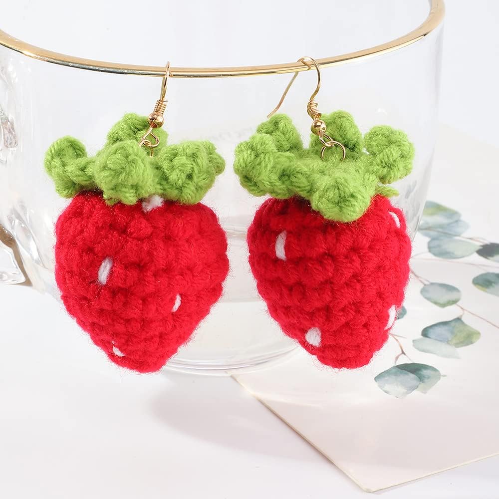Cute Wool Strawberry Drop Earrings,Knitting Wool Fruit Strawberry Dangle Earrings Woolen Yarn Earrings Winter Jewelry for Women - Image 6