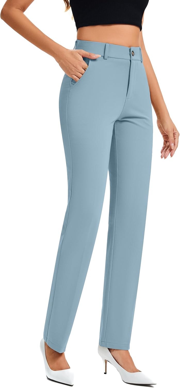 FUNYYZO Dress Pants Women's Stretchy Straight Leg Button Slacks Trousers with Pockets Casual Pants