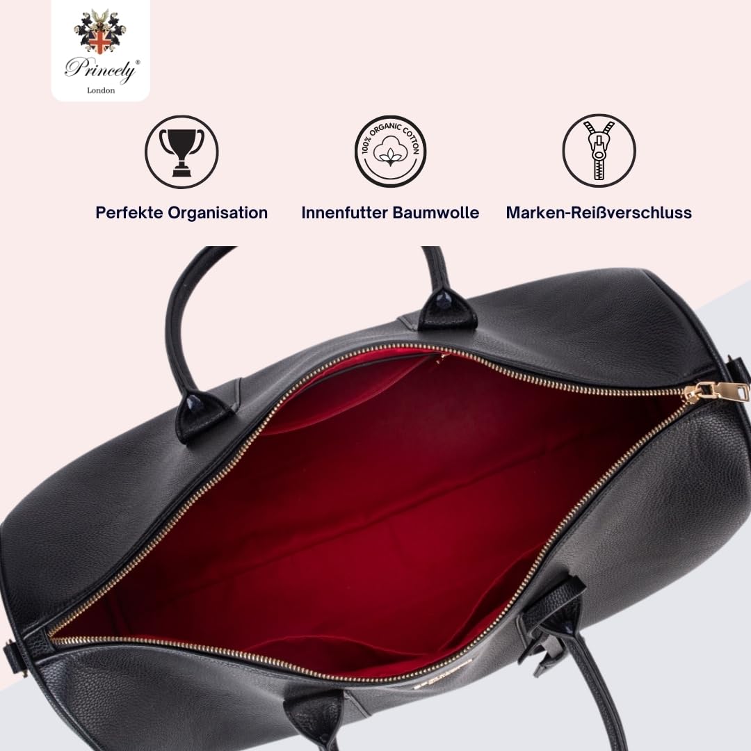 Princely London Weekender Los Angeles Schwarz – Stylischer und Geräumiger Reisebegleiter aus Hochwertigem Veganem Leder für Damen, Ideal als Handgepäck