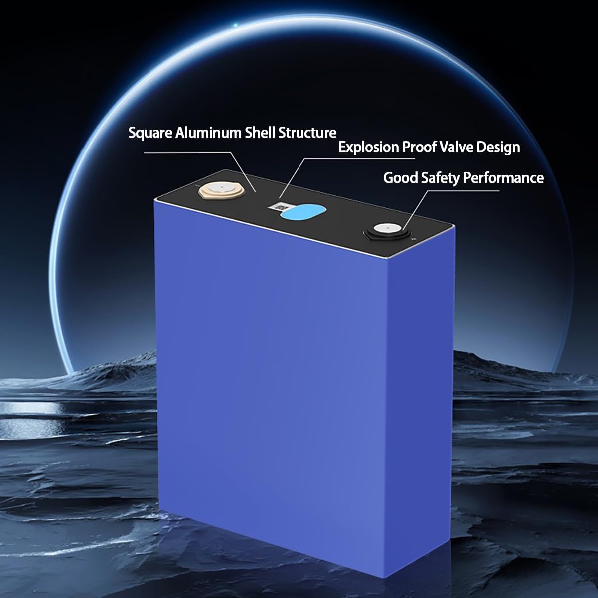 Close-up of a blue battery cell highlighting its square aluminum shell structure, explosion-proof valve design, and good safety performance.