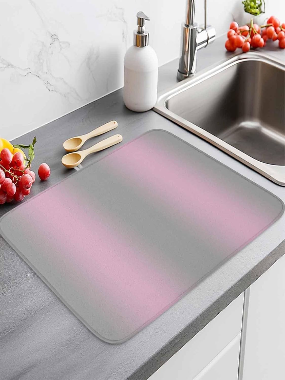 Pink Gray Gradient Texture Drying Mats for Kitchen Counter 2 Pcs, Abstract Ombre Microfiber Absorbent Dish Drainer/Rack Mat,Reversible Hangding Quick Drying kitchen Decor,16x18 Machine Washable