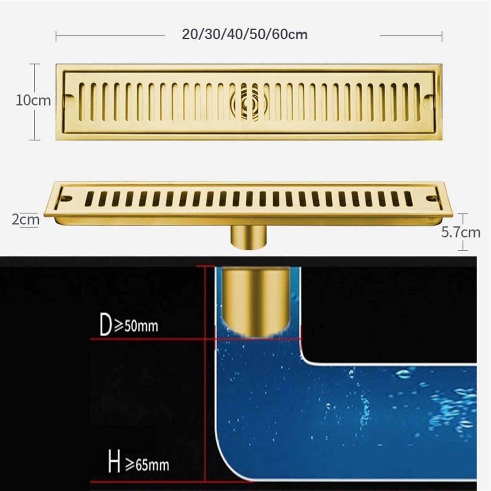 Rectangular Desagüe de Ducha Lineal de Acero Inoxidable 304, Desagüe Lineal Desagüe De Suelo Cubierta Desmontable, Profesional Desagüe Lineal Desagüe De Suelo for Cocinas, Baños y Aseos(Gold,60cm)