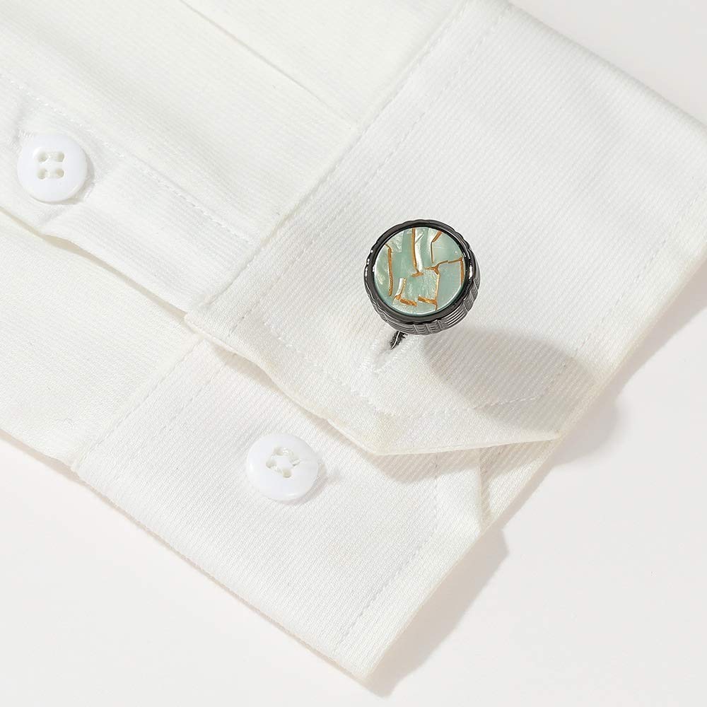 Gemelli da Uomo per Camicia Francese, Nuovi alla Moda, Rotondi, in Marmo Verde, Colore Oro, Regali