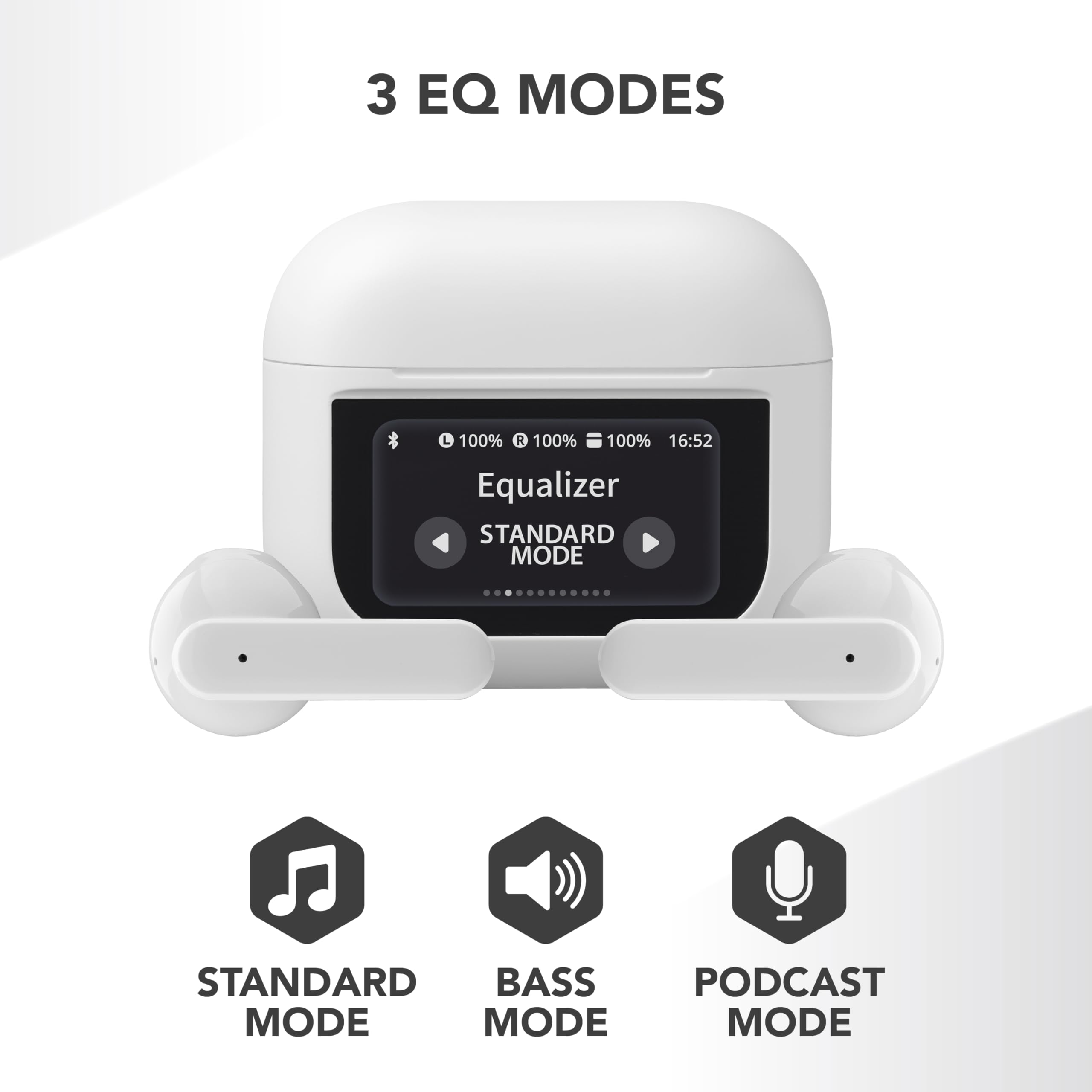Music Sound Groove - słuchawki douszne Bluetooth z ekranem dotykowym, 3 tryby EQ, do 21 godzin odtwarzania, automatyczne parowanie, zintegrowane sterowanie i kompaktowe etui - białe