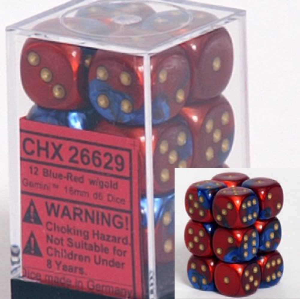 Chessex Dice d6 Sets: Gemini Blue & Red with Gold - 16mm Six Sided Die (12) Block of Dice