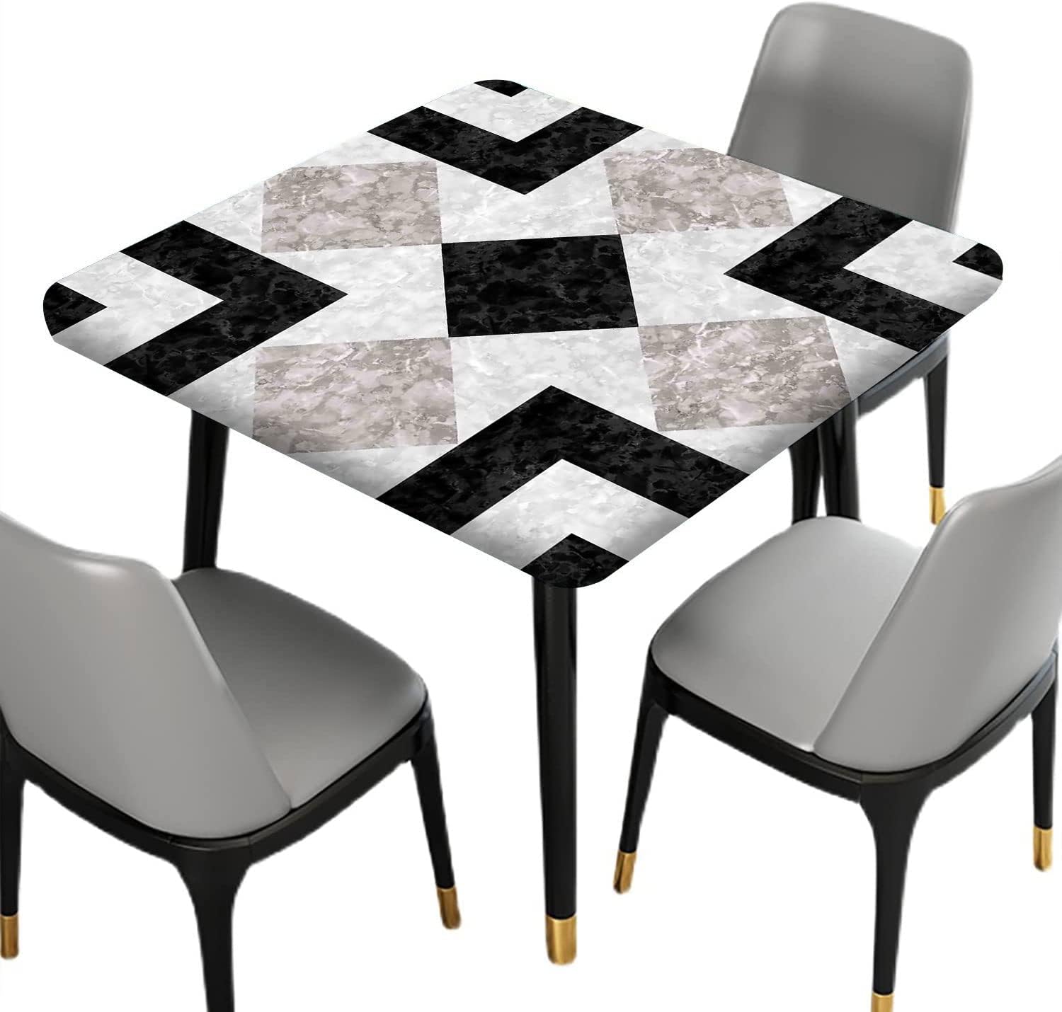 Marble Elastic Edged Polyester Fitted Table Cover, Marble Stone Print Square Table Cloths, for Indoor Outdoor Christmas Party Dinner Patio Decor, Fits Square Table 60 x 60 Inch, Beige Black
