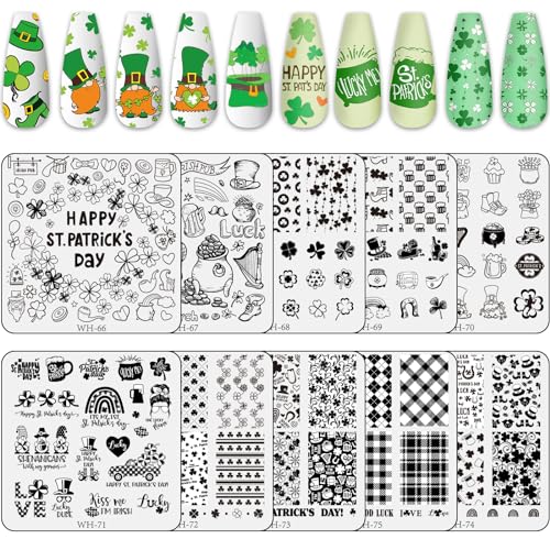 Whaline 10 Pcs St. Patrick's Day Nail Art Stamping Plates Kit Shamrock Gnome Image Stamp Templates Irish Lucky Clover Nail Art Plates for Holiday DIY Print Manicure Salon Design Gift