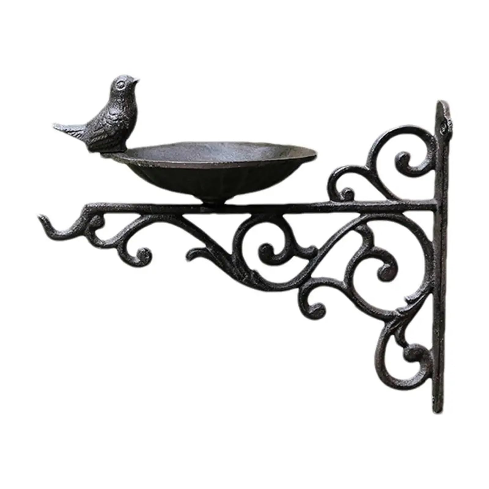 Vogeltränken Wandmontiertes Vogelbad, dekorativer Vogelfutterspender aus Gusseisen, Gartenornamente, Nüsse, Mehlwürmer, Wasserschale, Korbhalterung mit Vogel