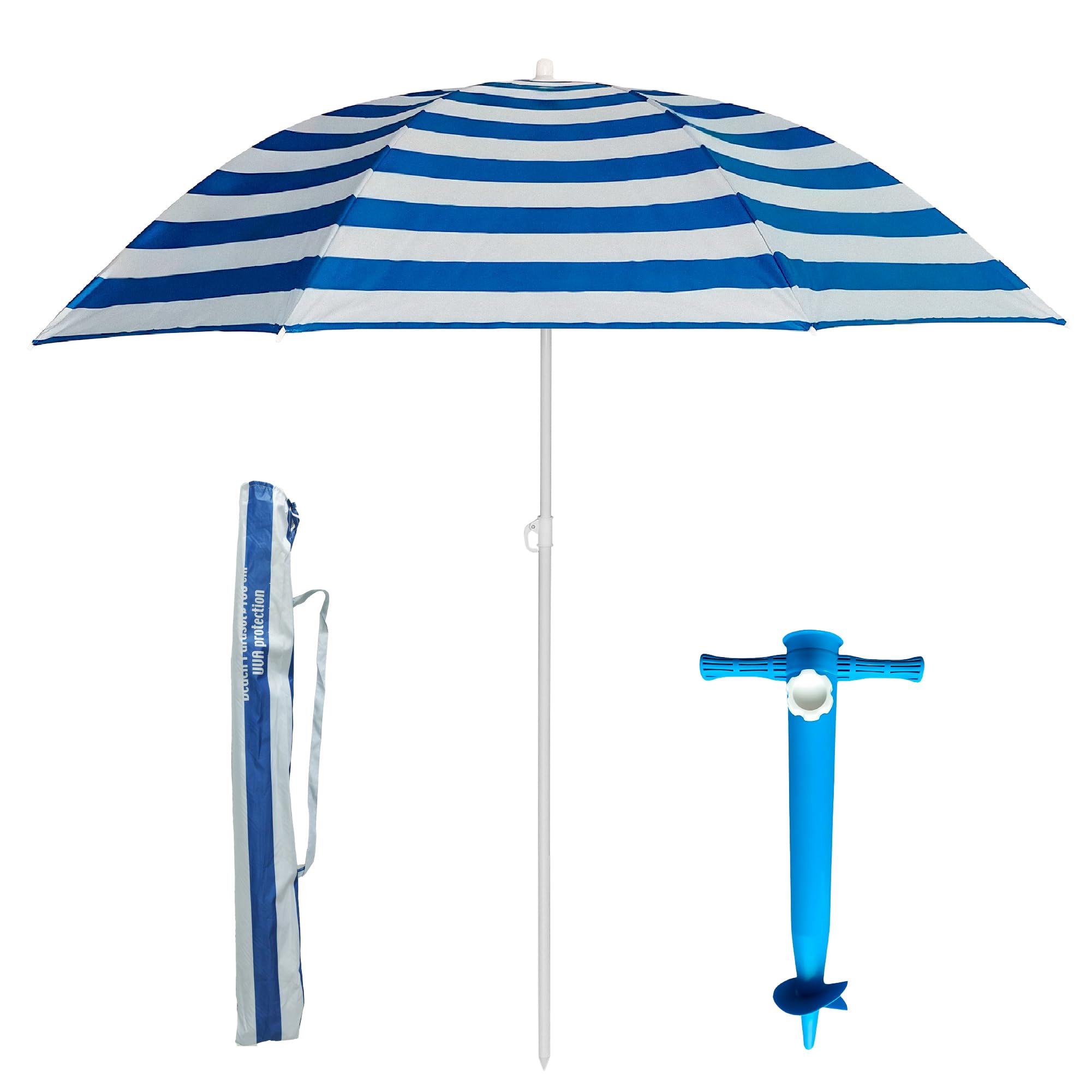 Pincho Ombrellone da spiaggia in acciaio con rivestimento antiruggine, diametro 180 cm. 8 aste in acciaio. Fattore di protezione solare UPF 50+, Marinara