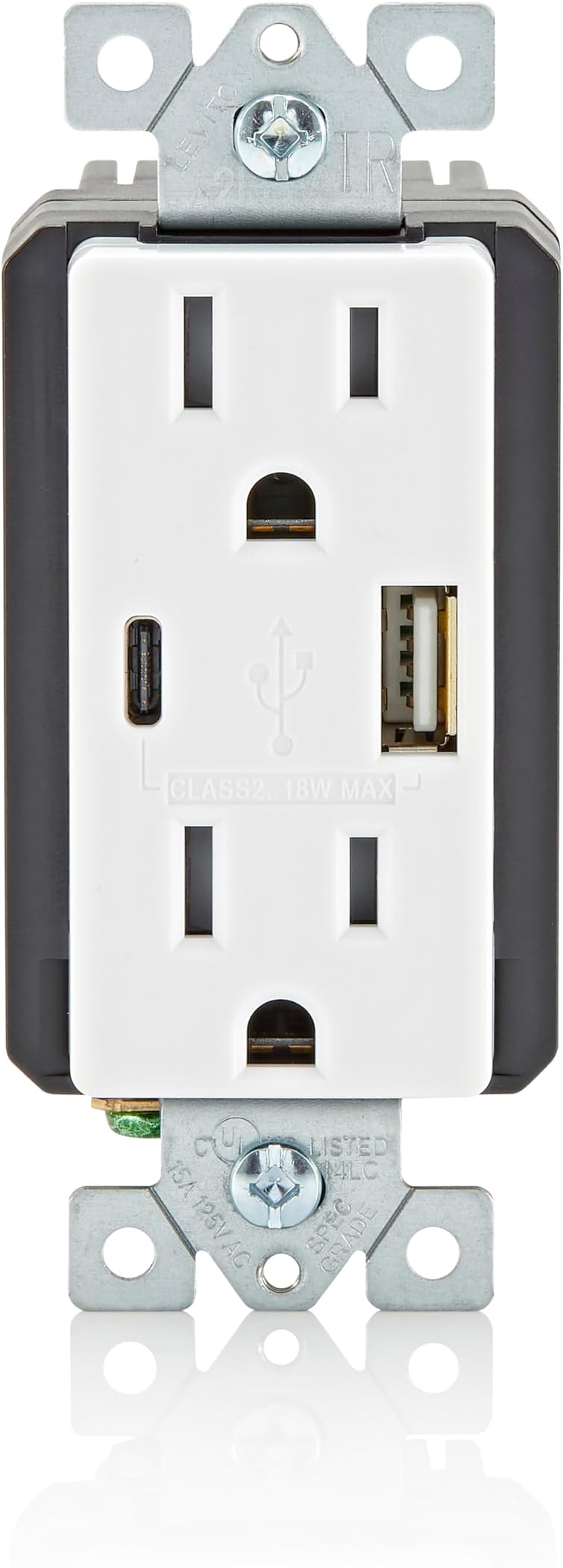 Leviton T5638-W 18W USB Type-A/C in-Wall Charger with 15A Tamper-Resistant Outlet, USB Charger for Smartphones, Not for Laptops, White