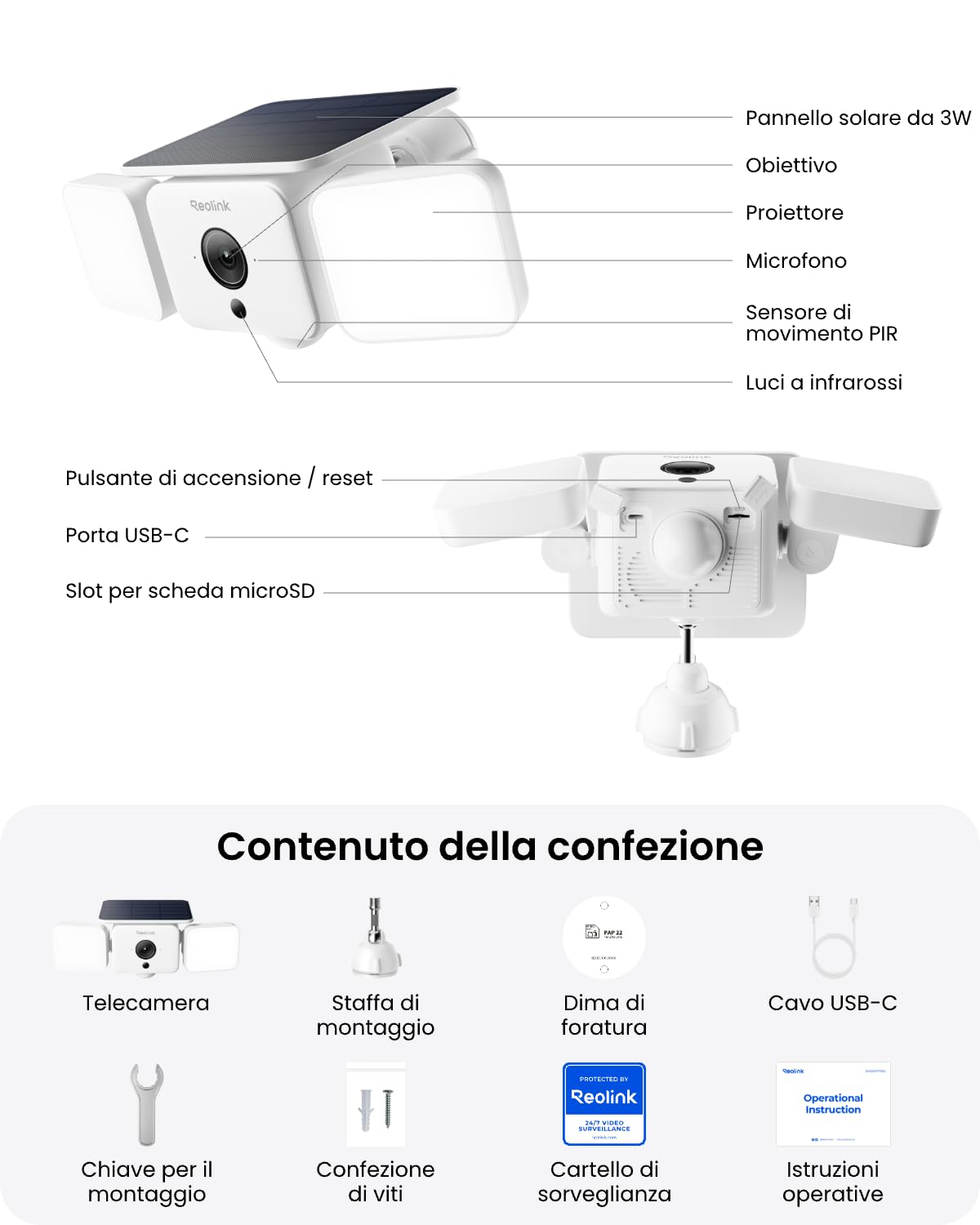 Reolink 2K Telecamere Wi-Fi Esterno, Senza Fili 150°, fino a 1000 Lumen di luce e allarme sirena, Rilevamento Uomo/Auto/Animale, Visione Notturna a Colori, 2,4/5 GHz WiFi, IP66, Solar Floodlight Cam