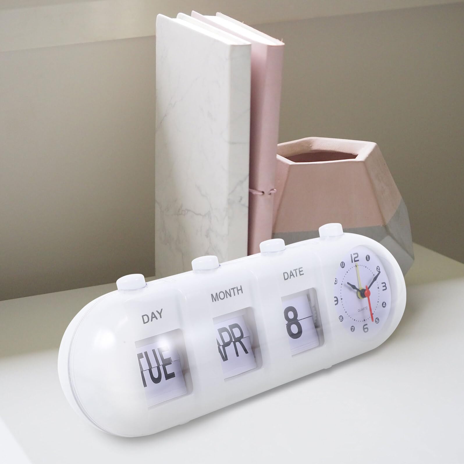 LIFKOME Reloj de Escritorio Manual Flip Calendario Perpetuo Reloj Vintage Abs Compacto para Oficina Hogar Cocina Baterías Resistente y Duradero