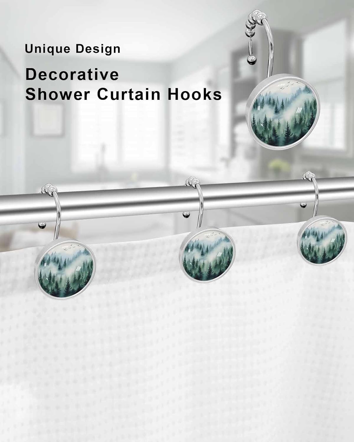 Shower Curtain Hooks Set of 12 Green Mist Forest Crystal Glass Shower Curtain Rings for Bathroom Decorative Stainless Steel Rust Proof Roller Shower Curtain Hangers