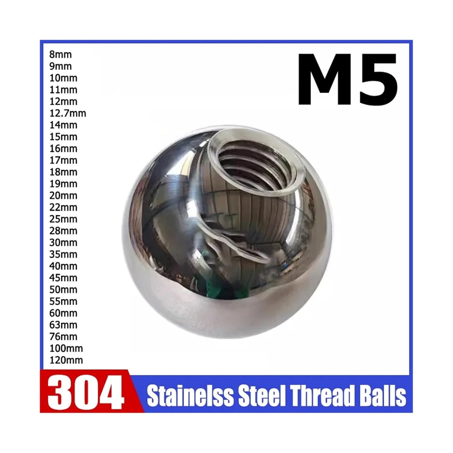 M5 Thread Balls OD 8/9/10/11/12~120mm 304 Stainless Steel Half Hole Balls Drilling Ball Blind Hole Metric Female Thread(100mm)