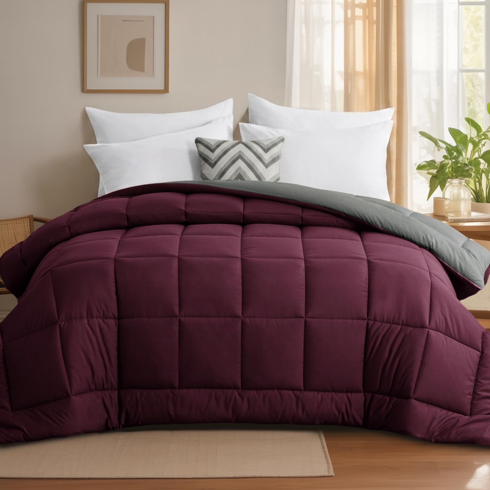 Tifschlaf Coverless Duvet King Size 10.5 Tog - Reversible Kingsize Bed Duvet for All Seasons, Luxury Lightweight Quilt Washable Comforter Only 230x220cm Burgundy Red/Grey