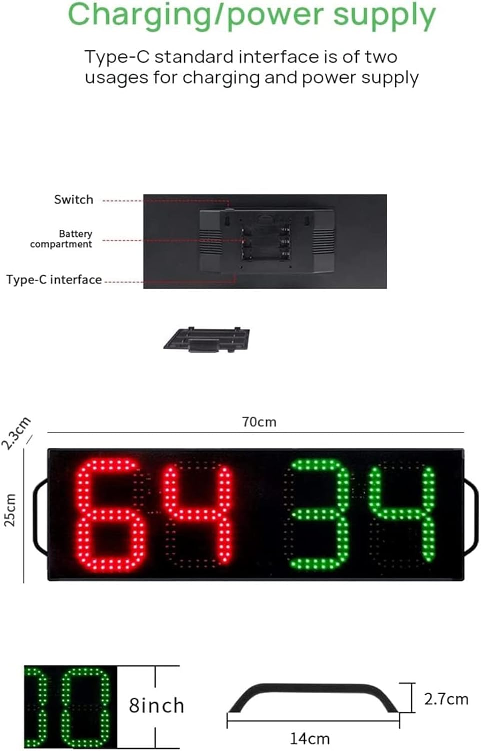 Electronic LED Scoreboard, Lightweight Basketball Digital Scoreboard with 30M Remote Control Distance 2 Charger Methods Type-C LED Display, Sports Competition Accessories(