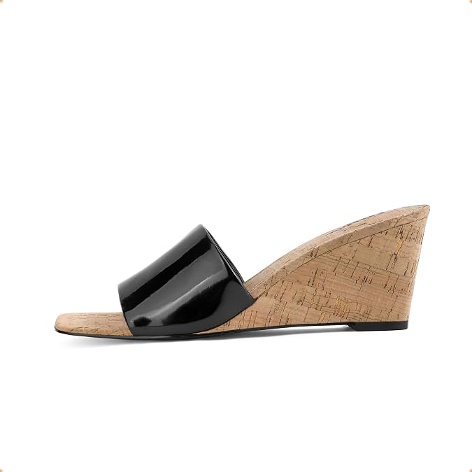 Easyfox Wedge Sandals for Women Open Toe Wedge Heels Womens High Heel Sandal Square Toe Heeled Wedge Sandals Wood Grain Slip on Wedge Mules