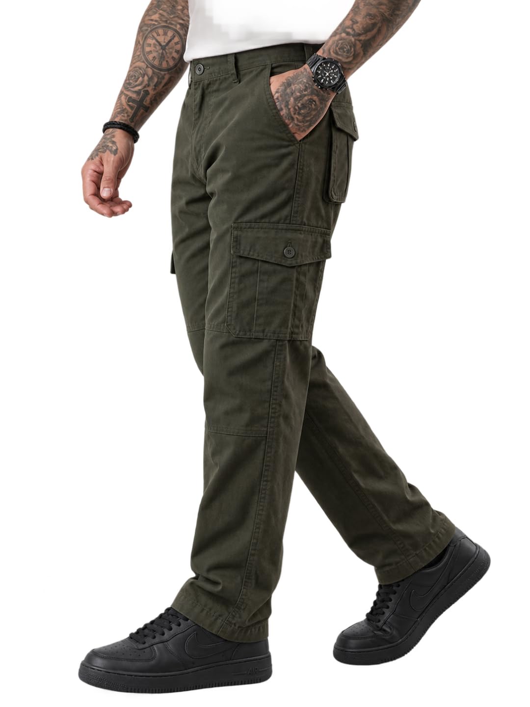 Vogaan Men’s Cotton Cargo Pants Green OLIVE - Image 1