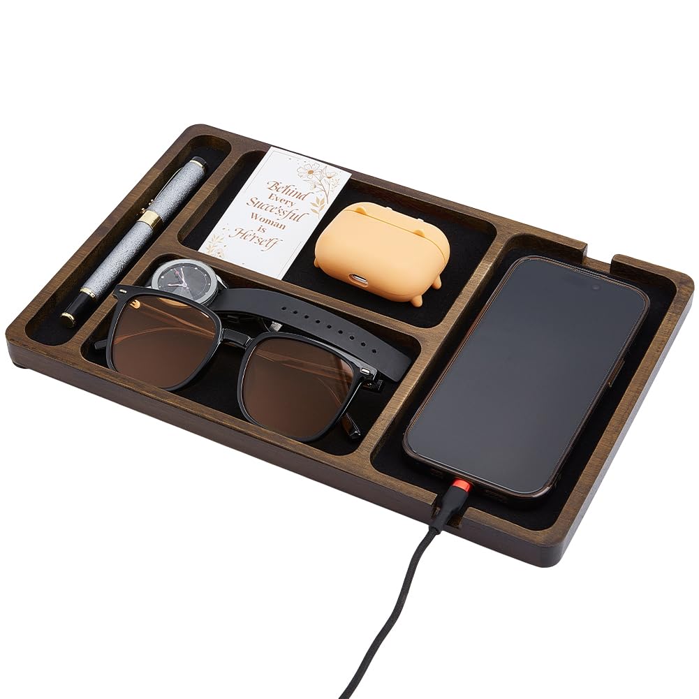 BENECREAT Wood Valet Tray, Black Wooden Catch All Tray, Tabletop Organizer for Key, Phone, Wallet, Watch, Earbud, Nightstand Storage Container, Watch Holder, 7.64x11.65 inches