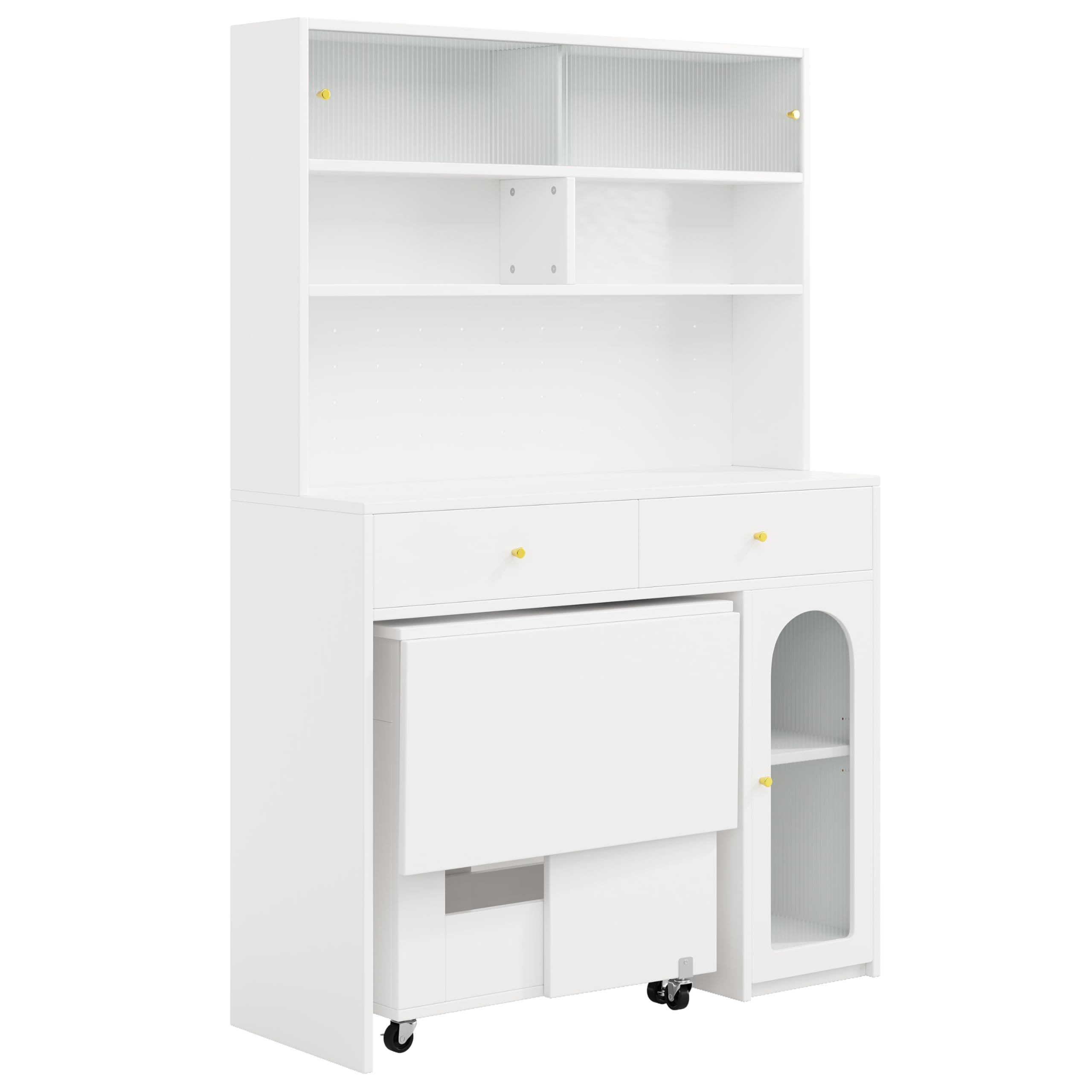 Set de armario de cocina con mesa de comedor plegable, mesa de bar móvil con ruedas, armario alto con espacio de almacenamiento y superficie de trabajo, muebles de cocina que ahorran espacio