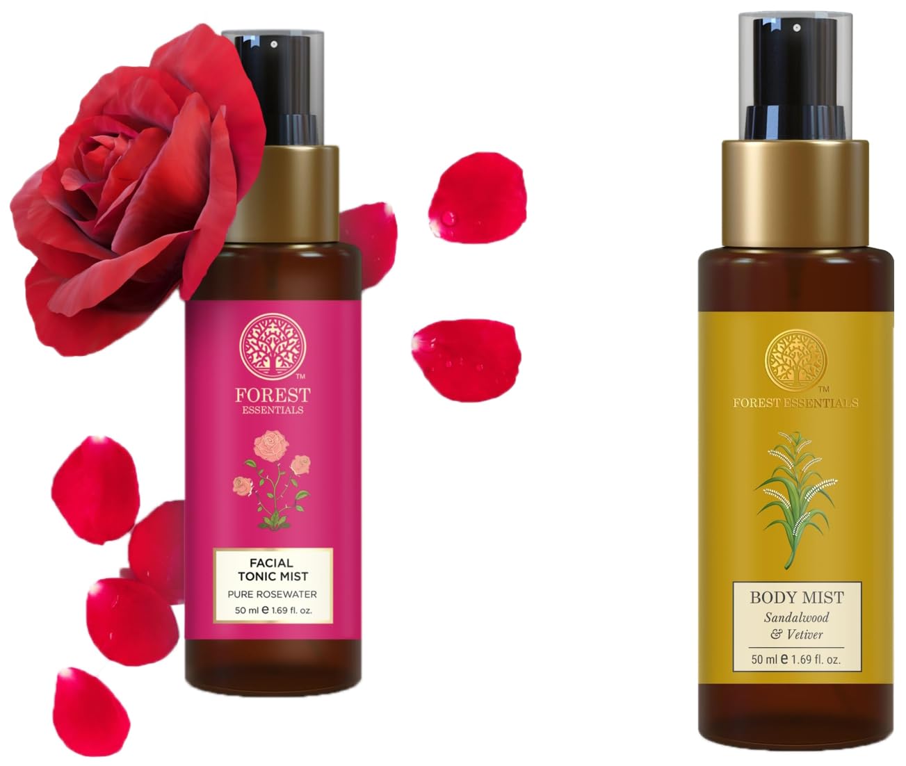 Forest Essentials Travel Size Body Mist Sandalwood & Vetiver (50ml) Natural Earthy and Pure Rosewater Facial Tonic Mist (50ml) for Pore Tightening