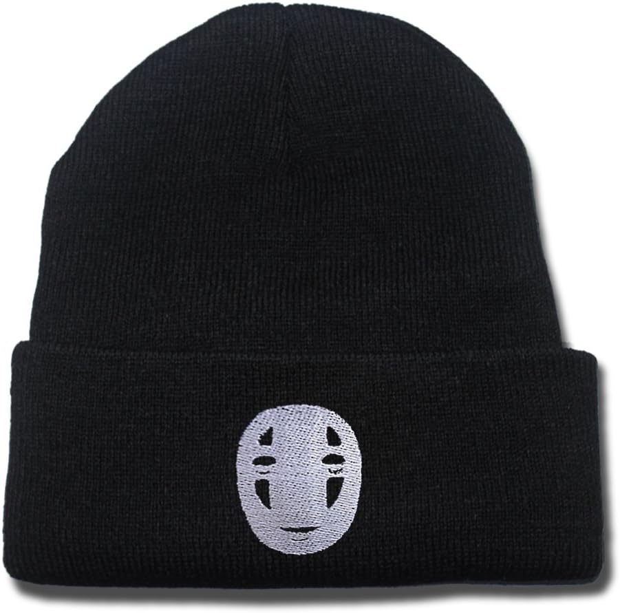 KIMUS Japanese Anime Hayao Miyazaki Spirited Away No Face with Mask Logo Beanie Fashion Unisex Embroidery Beanies Skullies Knitted Hats Skull Caps Black