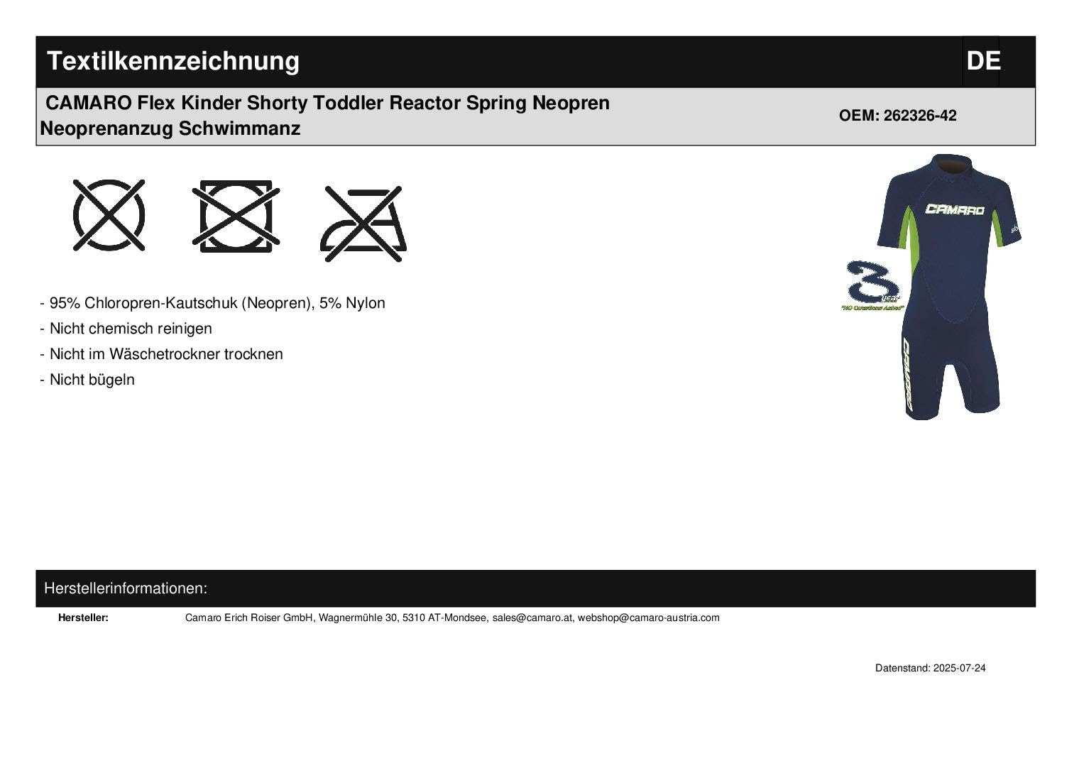 CAMARO Flex Kinder Shorty Toddler Reactor Spring Neopren Neoprenanzug Schwimmanzug Blue