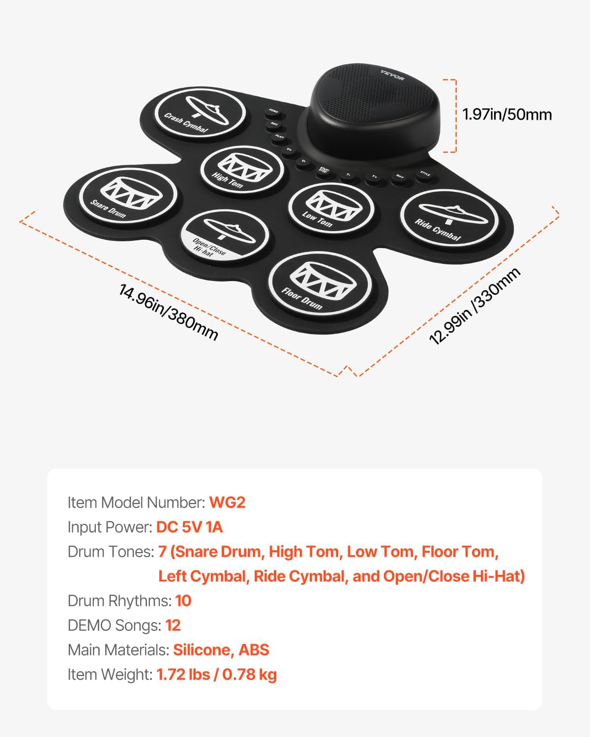 VEVOR Electronic Drum Set, 7 Pads, Roll-Up Practice Drum Pad with Speaker, Headphone Jack, Portable Electric Drumset with Pedals, Drumsticks, Holiday Birthday Gift for Beginners Kids Age 3+ 7 Pads White image 7 of 10 B0DT9G3SRR