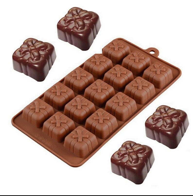 Image of MoldBerry Chocolate Mould Gift Box Making Silicone Chocolate Mold for Cake, Brownie Topper, Hard & Soft Candies, Gummy, Jelly, Keto Fat Bombs Square Shapes in Brown Trays