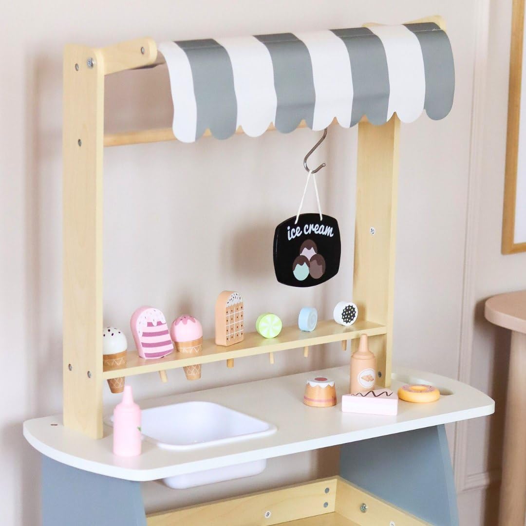 Mamabrum Holz Eisdiele für Kinder 3+, Rollwagen mit EIS, Spielen, Dezentes Design, Reichhaltige Accessoires, Entwickelt Kreativität und Soziale Fähigkeiten