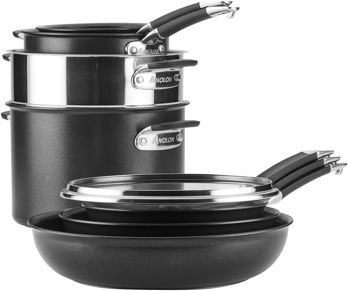 Anolon SmartStack Hard-Anodized Nesting Pots and Pans Set/Cookware Set, 10-Piece, Black