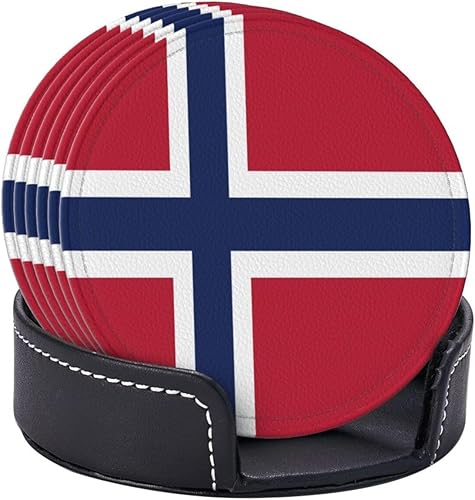 Miniatura 7 de Juego de posavasos de cuero con diseño de bandera de Noruega, 6 posavasos de cuero con soporte para decoración del hogar y oficina