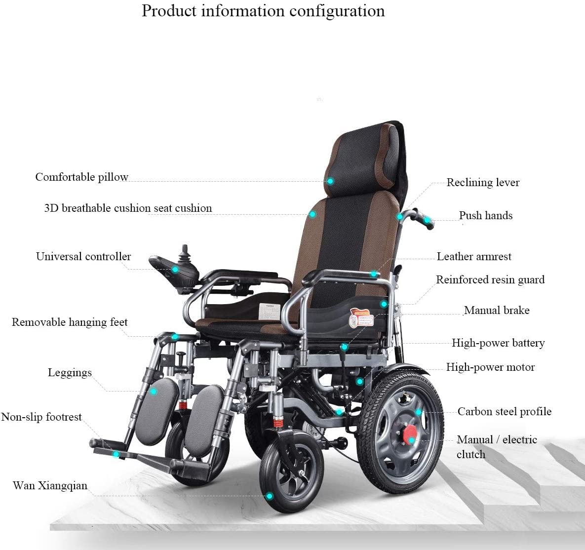 Elektryczny wózek inwalidzki z zagłówkiem, składany, lekki fotel dla osób niepełnosprawnych, szerokość siedziska 46 cm, joystick 360°, nośność 120 kg