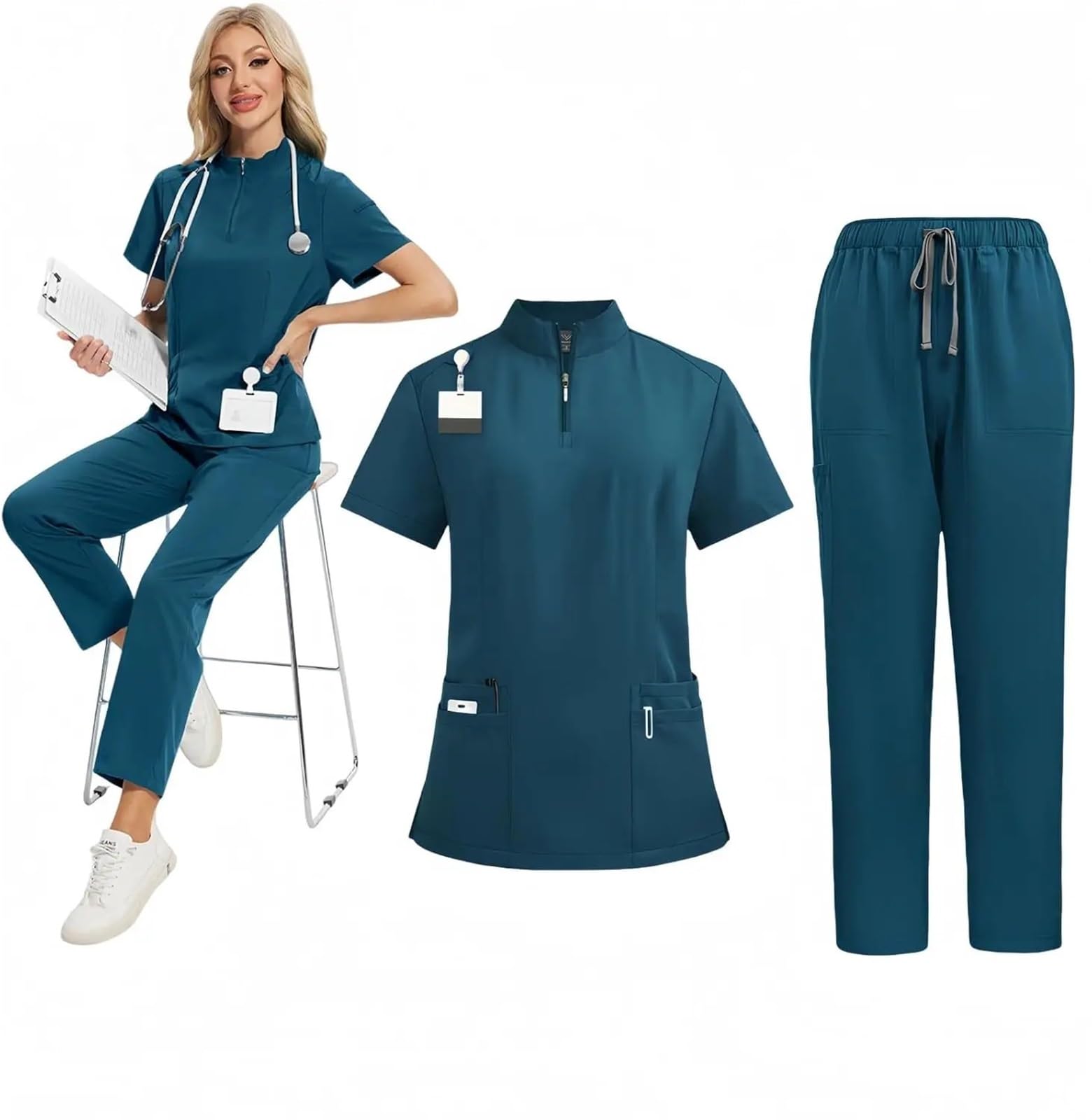 Uniformes Sanitarios Mujer Traje de Hombre y Mujer con Cuello levantado Cremallera, Ropa Lavado, Uniforme Enfermera, Mono, médico, salón Belleza, SPA | Royal Blue,S(55-65kg)