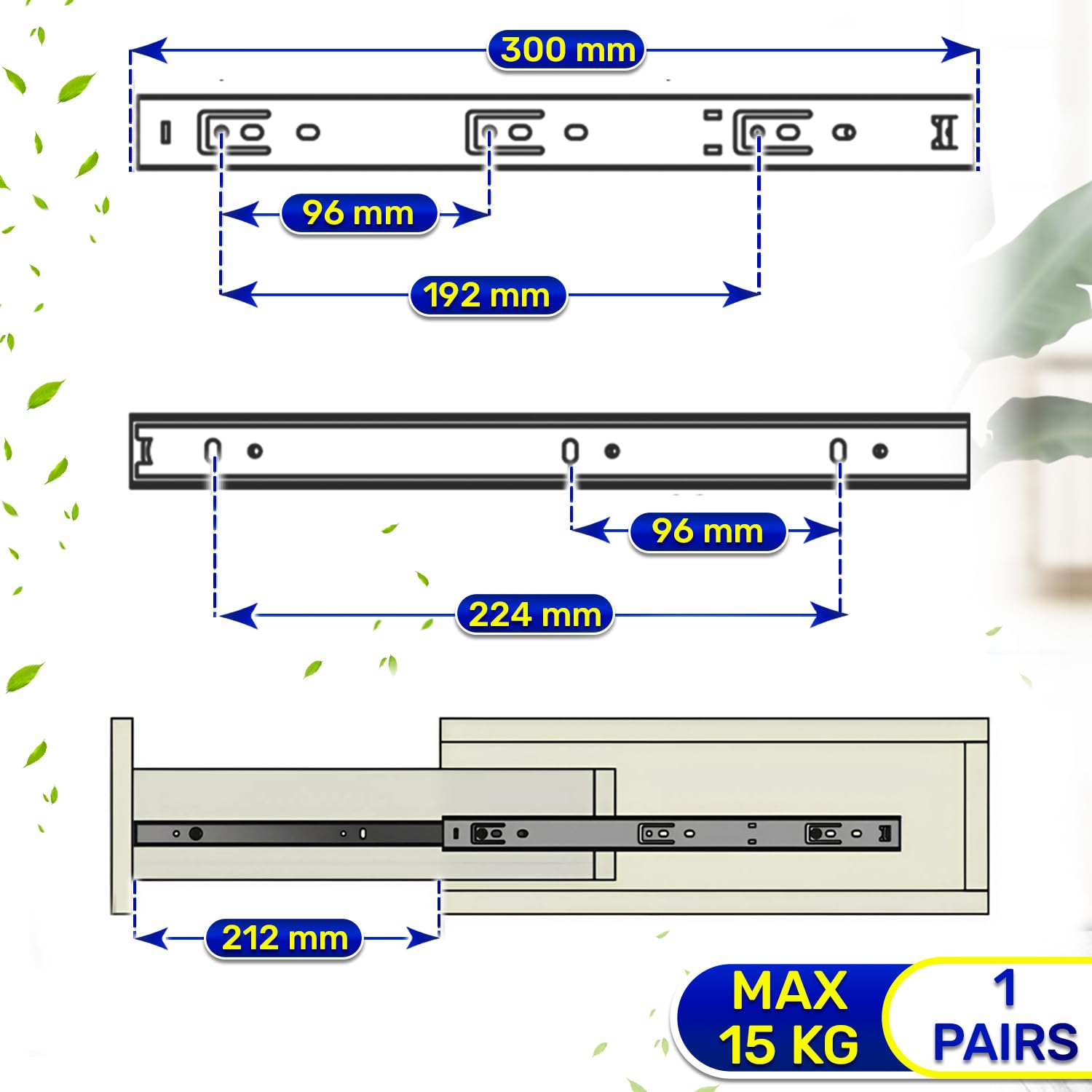 2 works Ball Bearing Drawer Runners 300mm x H 27 mm, Telescopic Draw Runners Replacement Have a Partial Extension of 212 mm - Image 2