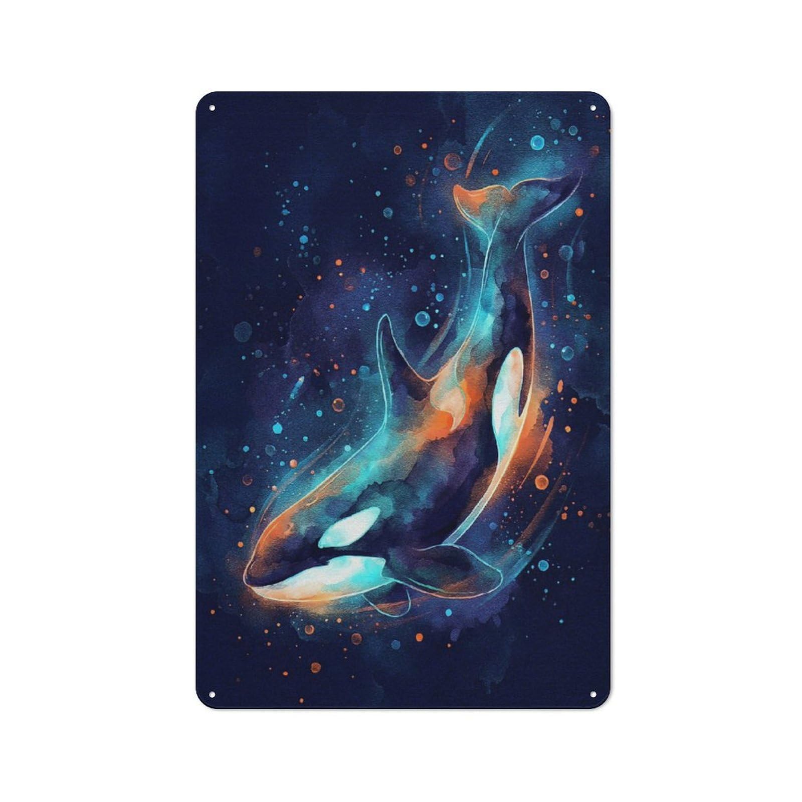 Junmoney Style-17 Rustic Watercolor Orca Whale In Deep Blue Tin Wall Sign 30X20cm, Kitchen Wall Decor For Bakery, Diner, Cafe Or Family Room