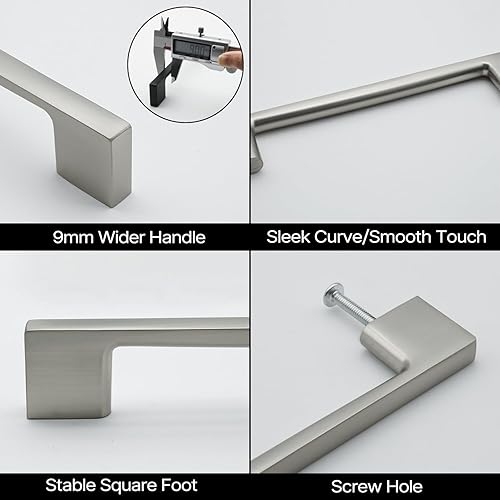 Miniatura 3 de Paquete de 10 tiradores de barra de gabinete de níquel cepillado de 5 pulgadas (5.039 in) con agujero central de pie ancho, manijas cuadradas de