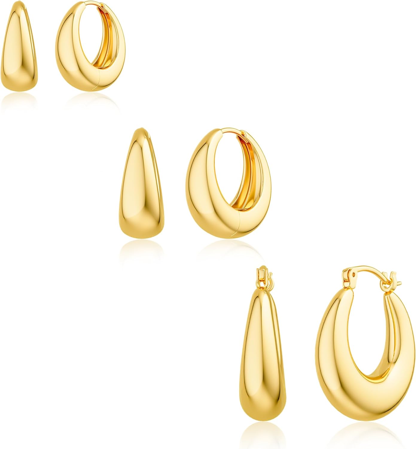 Chunky Gold Hoop Earrings for Women, 3 Pairs 14k Gold Plated/Silver Chunky Hoop Earrings Stack Set Thick Trendy Hypoallergenic Cartilage Earring for Multiple Piercing Jewelry Valentine Gift