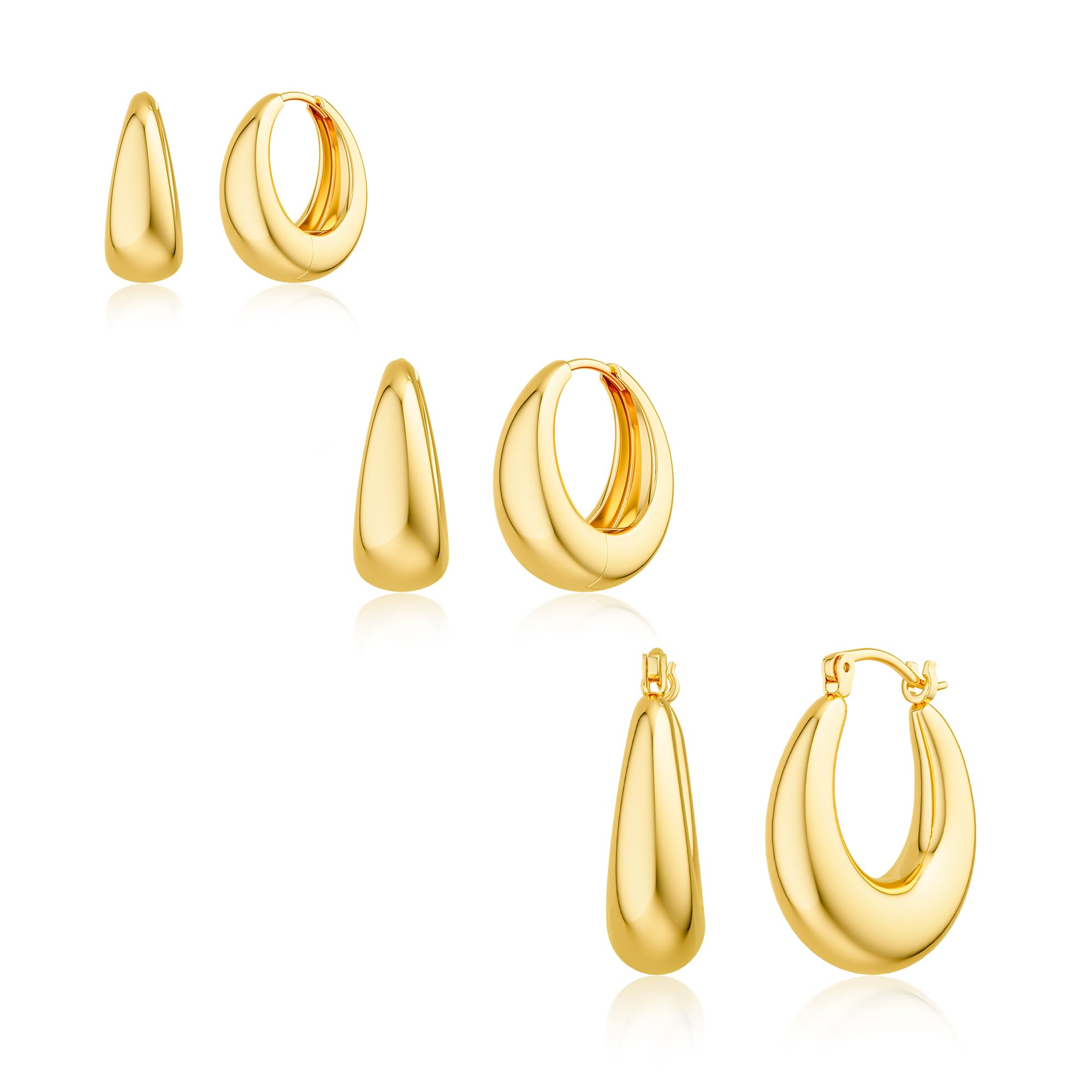 Chunky Gold Hoop Earrings for Women, 3 Pairs 14k Gold Plated/Silver Chunky Hoop Earrings Stack Set Thick Trendy Hypoallergenic Cartilage Earring for Multiple Piercing Jewelry Valentine Gift