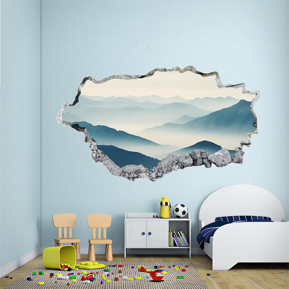 3D Durchbruch Wandtattoo Mädchen Kinderzimmer Berg Wandaufkleber Dekorative Landschaft Wandsticker für Junge Teenager Zimmer Wohnzimmer Schlafzimmer Wandbilder Deko 120x80
