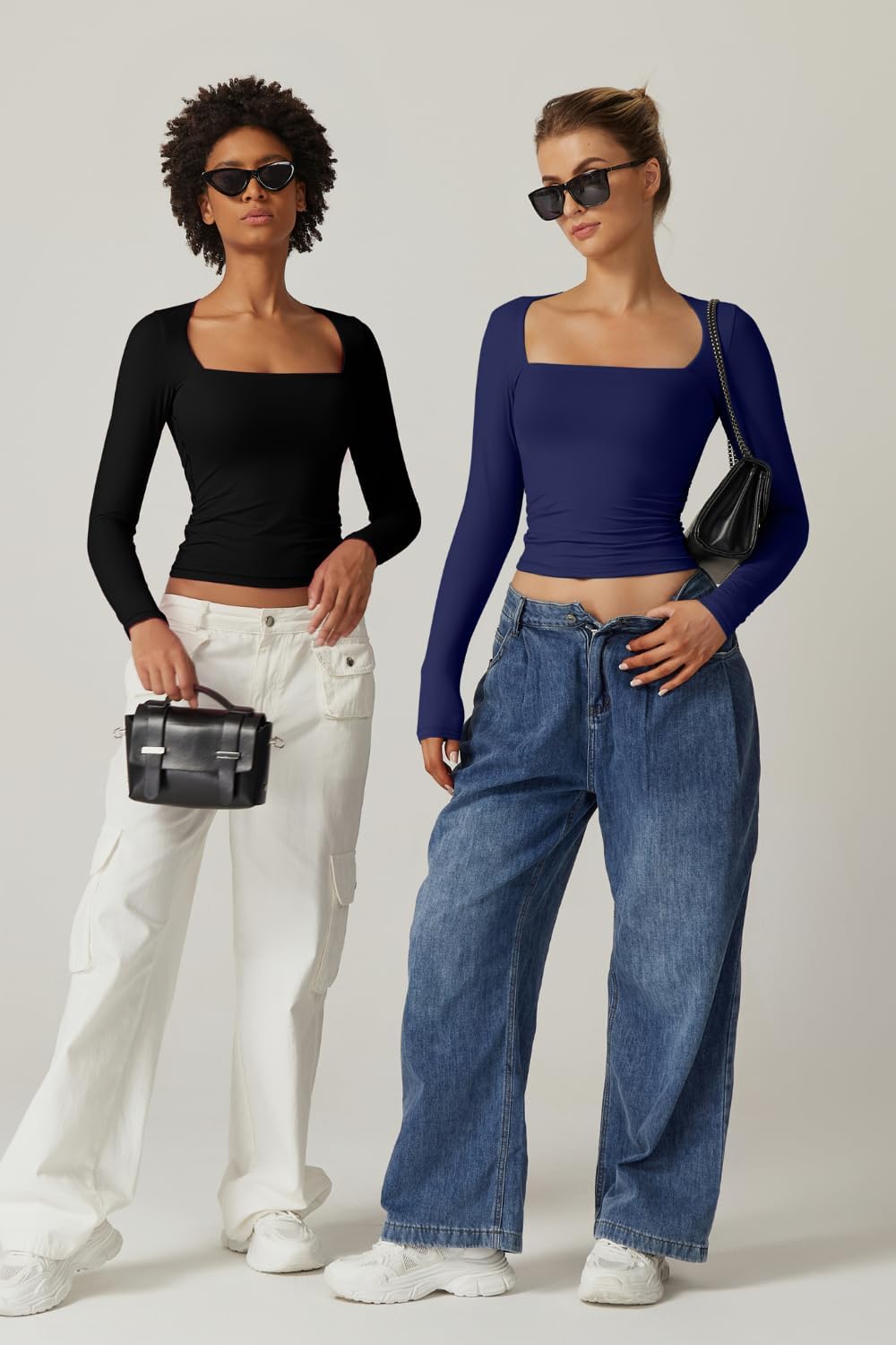 QINSEN Women's Sexy Square Neck Shirt Long Sleeve Double Lined Tees Fitted Going Out Tops - Image 6