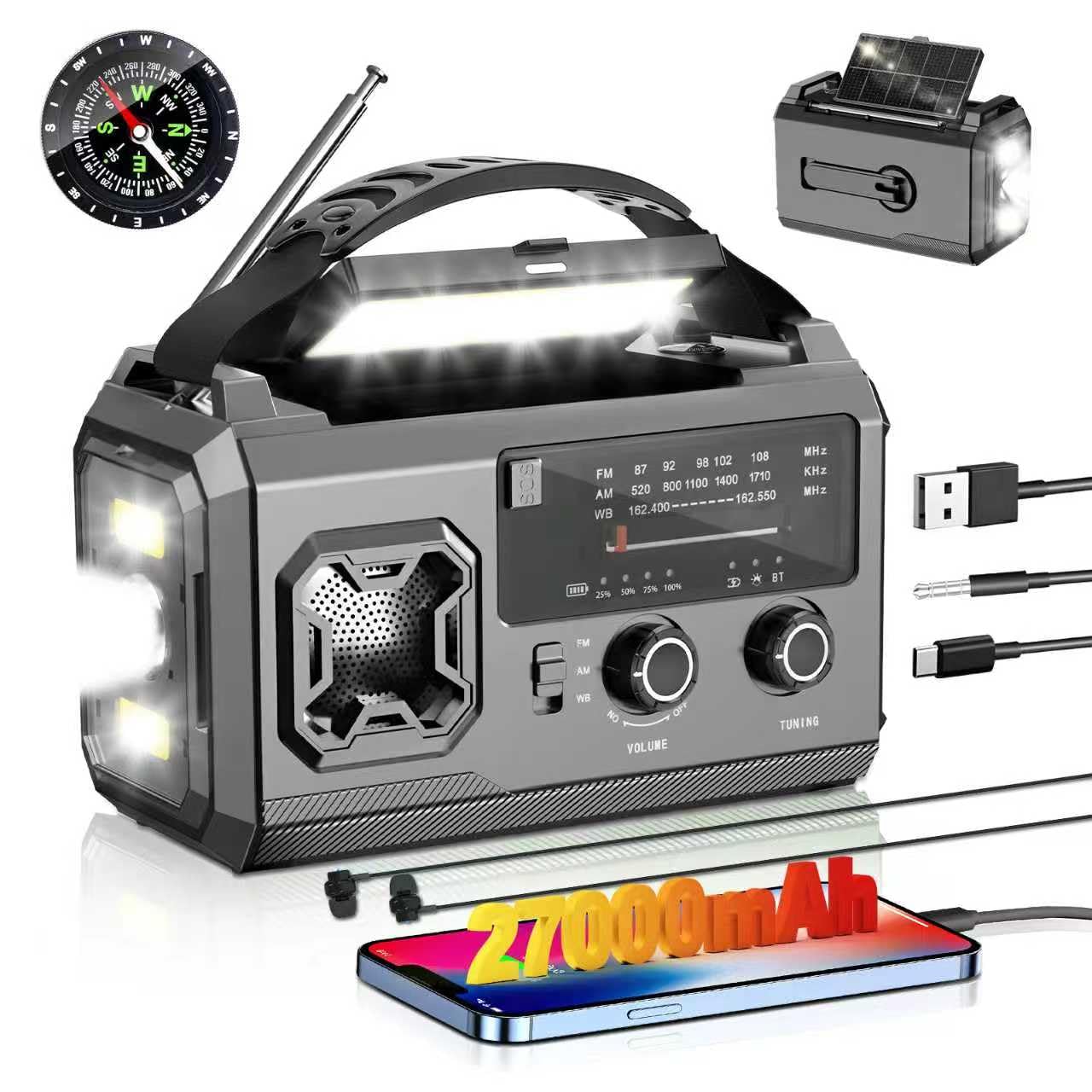 Radio à manivelle 27000mAh, Radio FM/AM d'urgence avec Bluetooth, Radio solaire portable avec chargeur de téléphone, Radio d'urgence avec alarme SOS/lampe de poche/boussole pour camping, plein air