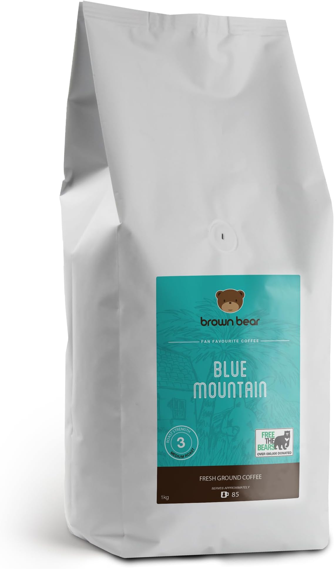 Blue Mountain Medium Roast Coffee Beans 1kg - Brown Bear - for All Coffee Machines - Strength 3 - Donation to Free The Bears - 100% Arabica
