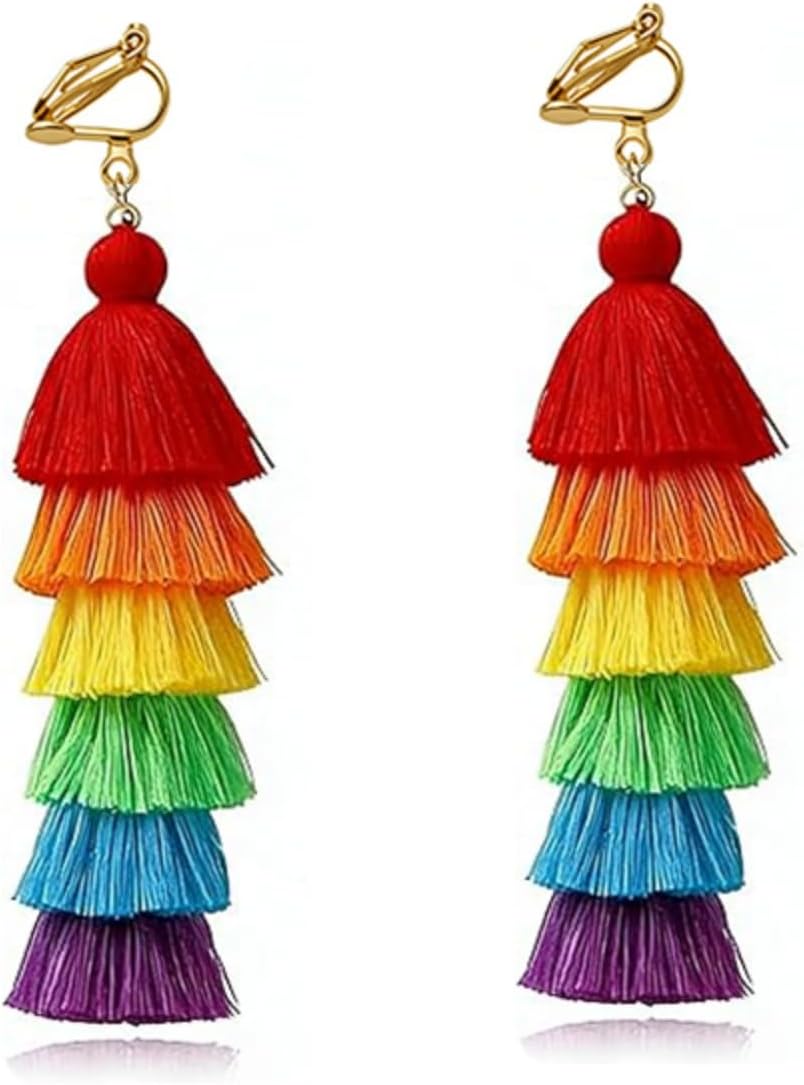 Rainbow Clip on Earrings for Women Men Long Colorful Layered Tassel Earrings Jewelry Gift