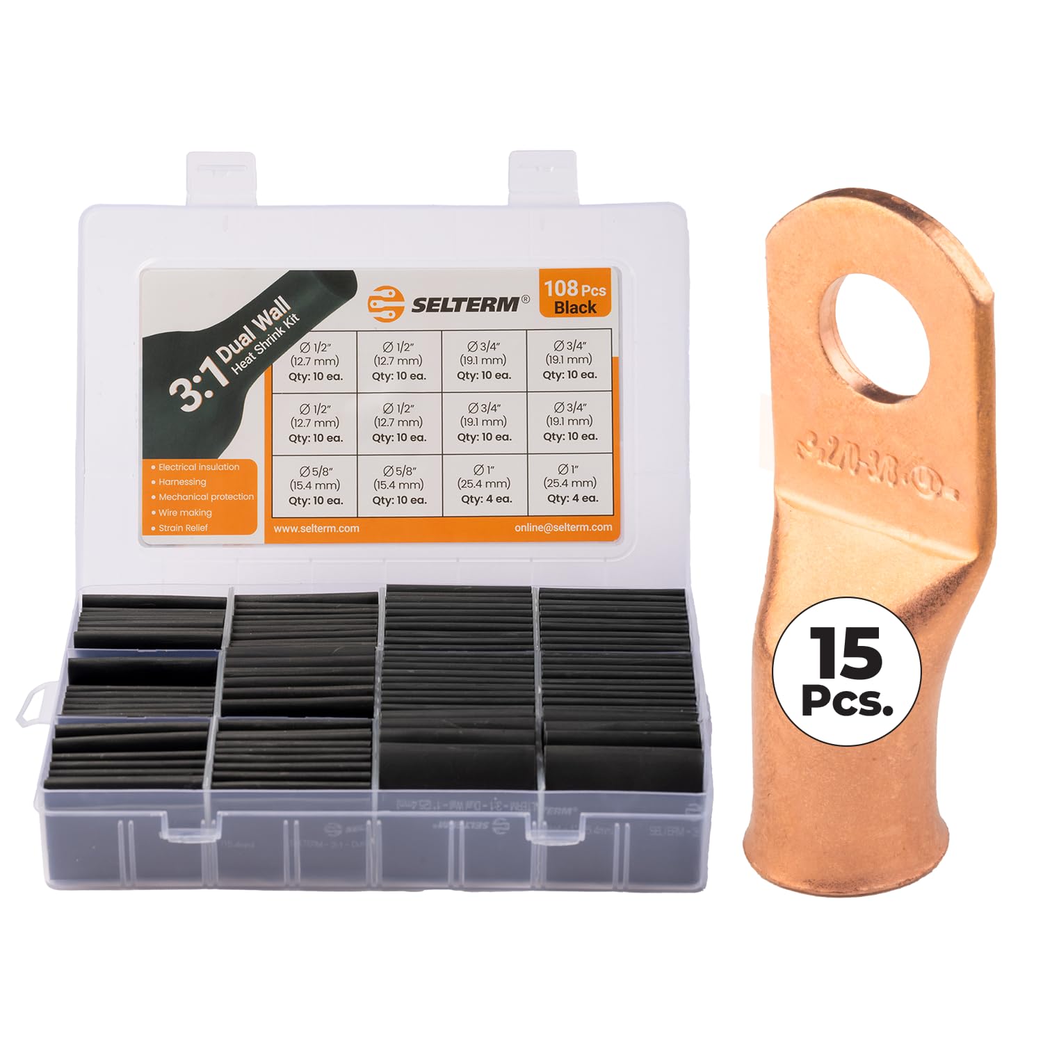 SELTERM 15pcs 2/0 AWG 3/8" Stud Bare Copper Wire Lugs & Large Size Black 108 Pcs 3:1 Dual Wall Adhesive Line Heat Shrink Tubing Kit 1, 3/4, 1/2, 5/8 Inch Assortment Kit